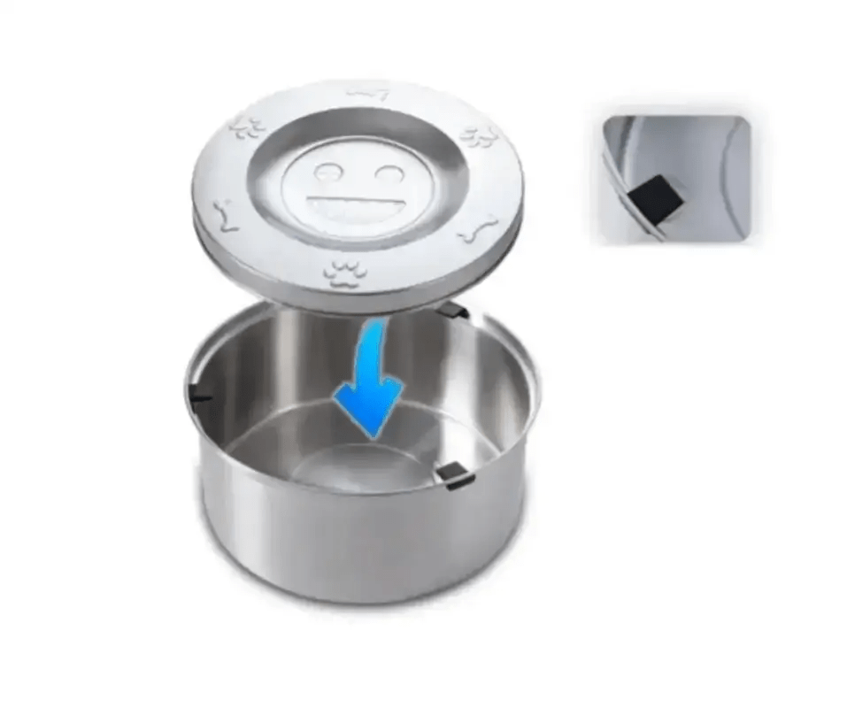 Gamelle en inox anti-éclaboussures pour chien avec couvercle, système contrôle niveau d’eau