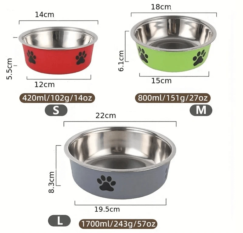 Trois gamelles antidérapantes en acier inoxydable avec empreintes de pattes pour chiens