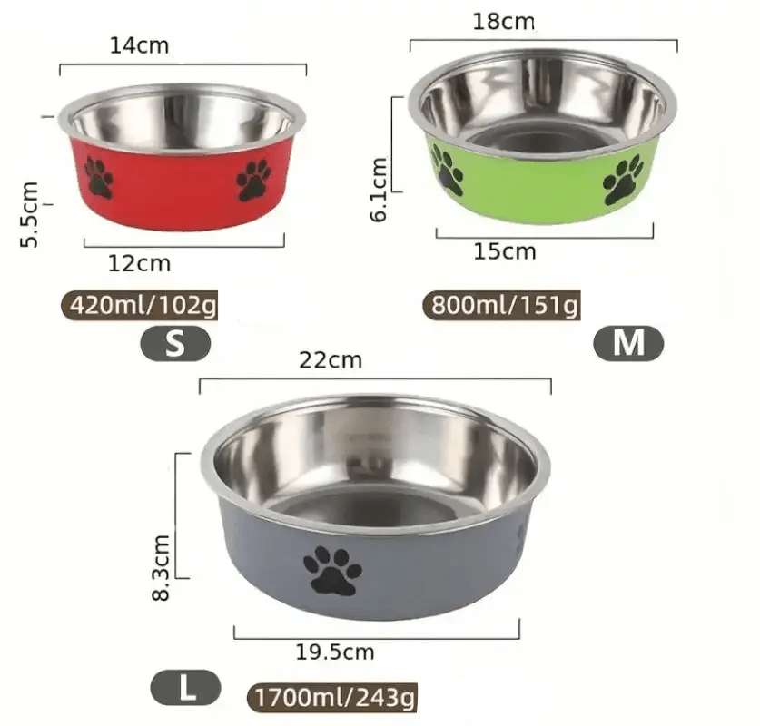 Trois gamelles inox pour chien antidérapante avec logo patte décorative, facile à nettoyer