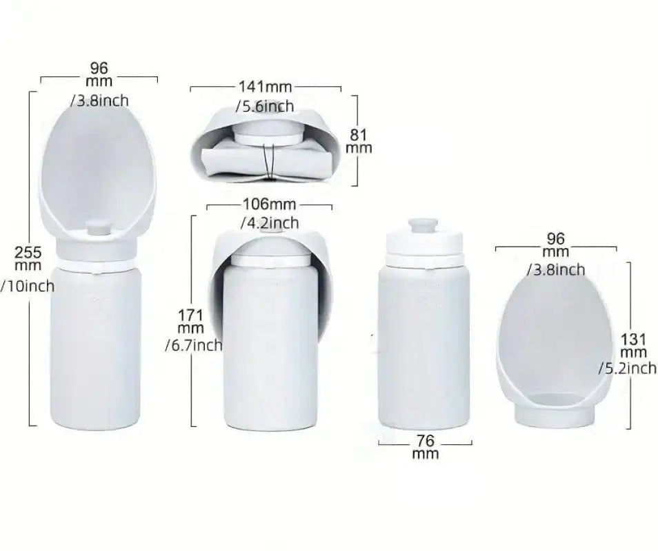 Alt text: Dimensions de la gourde pliable pour chien avec bol intégré, pratique et peu encombrante