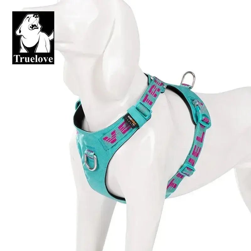Harnais chien anti traction Truelove Colorado Plus imperméable avec harnais teal à motifs roses et gris
