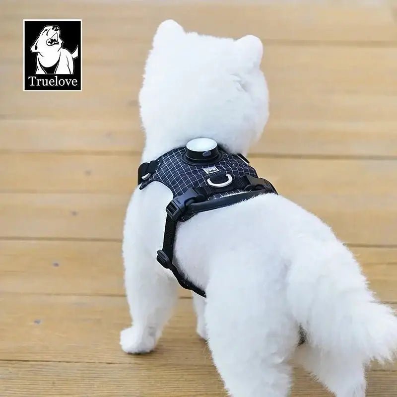 Chien blanc fluffy portant un harnais Truelove TLH6771 avec support GPS et LED rechargeable
