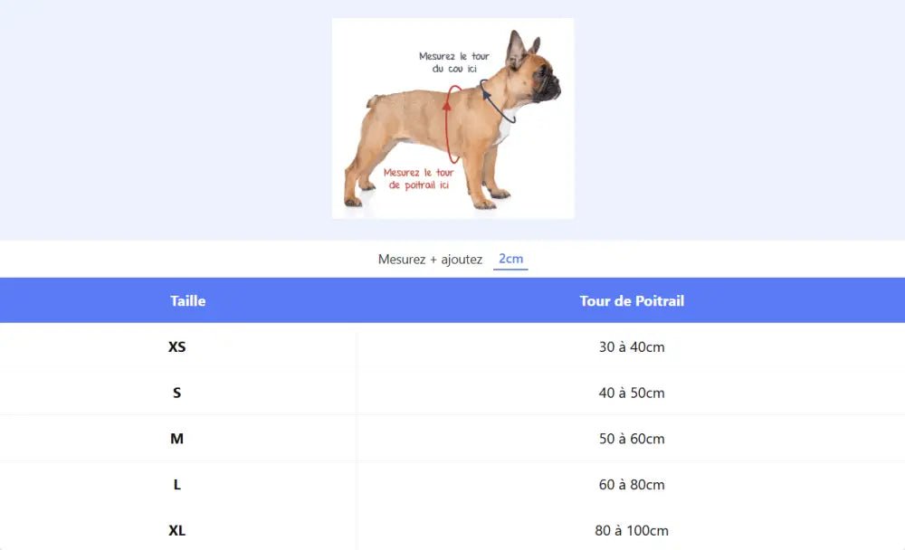 Harnais pour chien Truelove en h avec guide de taille et chien Bulldog français