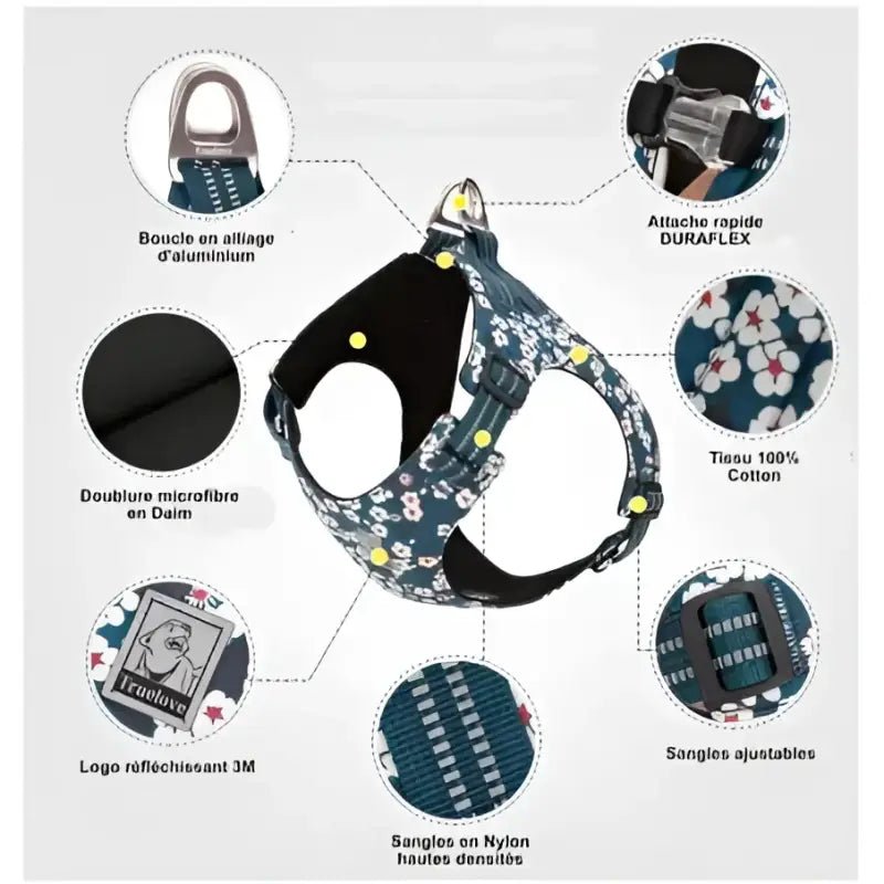 Harnais Truelove léger pour chiot avec motif floral, ajustable, rembourré et réfléchissant