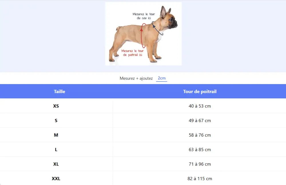 Guide des tailles du harnais Truelove Aventure pour chien avec mesures en cm