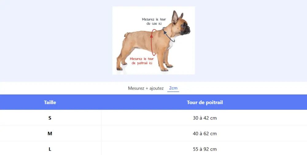 Image d’un chien français portant un harnais Truelove avec maintien au poitrail rembourré et instructions de taille