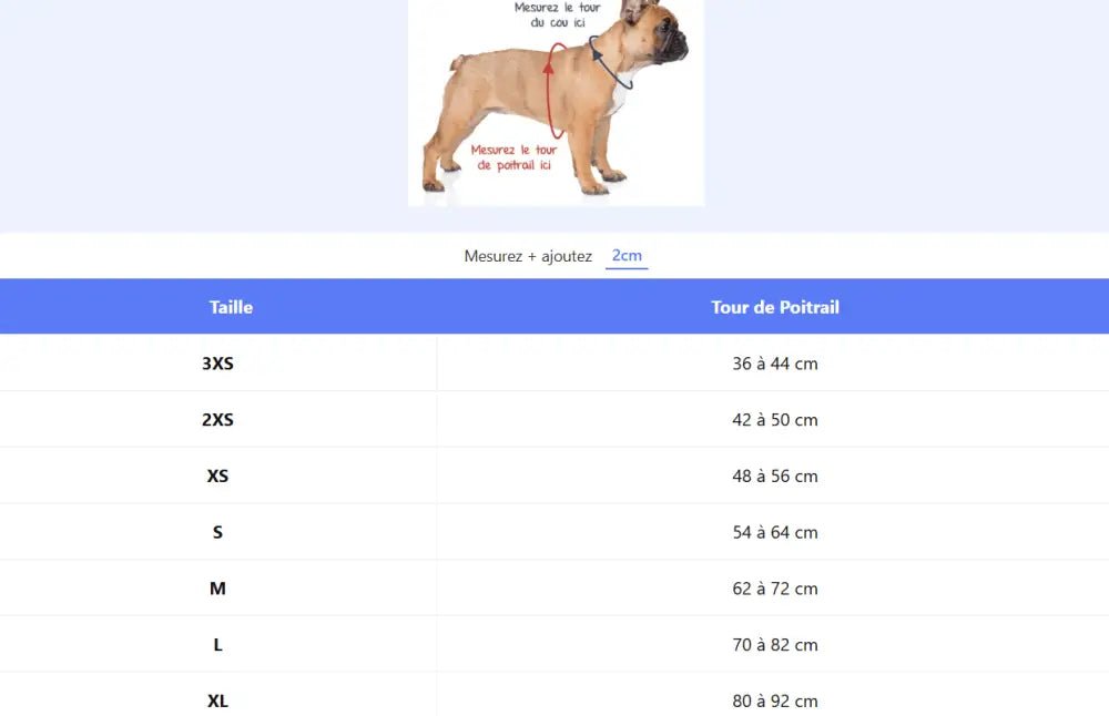 Diagramme des tailles de harnais pour chien Truelove avec maille rembourrée et poignée dorsale