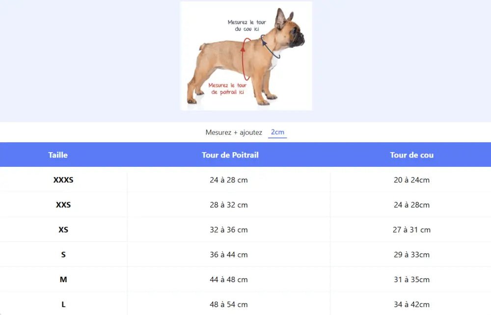 Diagramme de taille pour harnais Truelove pour petit chien confortable et léger