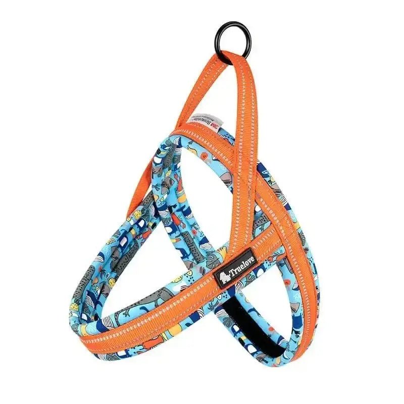 Harnais Truelove en T pour chien ajustable, léger et confortable avec motif floral bleu et orange