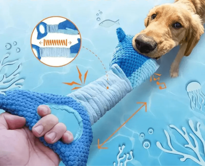 Image du jouet requin pour chien avec couineur intégré et poignées de traction