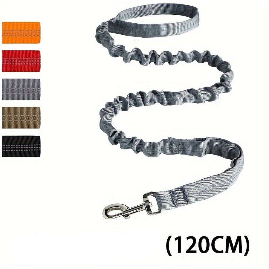 Laisse bungee gris avec poignée, clip métal et attache ceinture pour sécurité