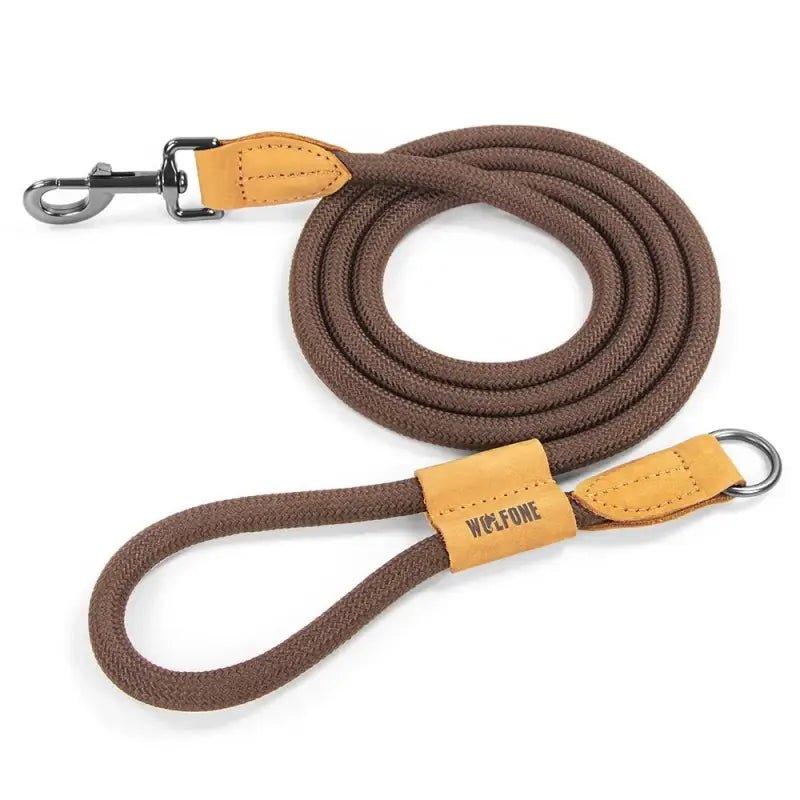 Laisse pour chien mains libres Wolfone 1,8 m réglable avec corde marron, clasp métal