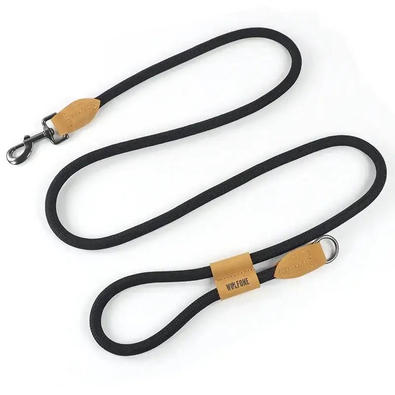 Laisse pour chien mains libres Wolfone 1,8 m avec corde noire, accents en cuir tan