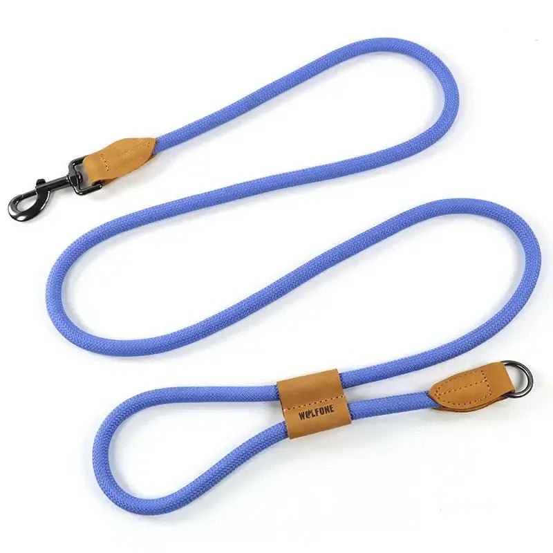 Laisse pour chien mains libres Wolfone 1,8 m, corde bleu pervenche, clip métal noir