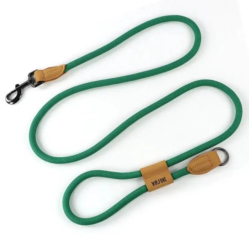 Laisse pour chien mains libres Wolfone 1,8 m avec corde verte, accents en cuir et mousqueton en métal