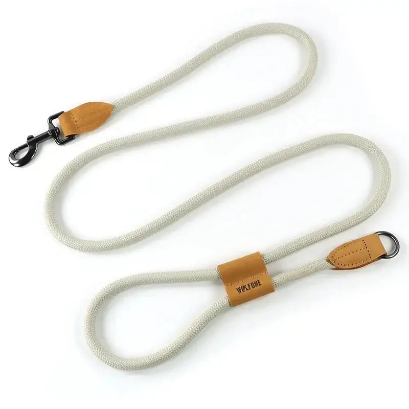 Laisse pour chien mains libres Wolfone 1,8 m réglable avec corde beige, accents en cuir et attache en métal noir