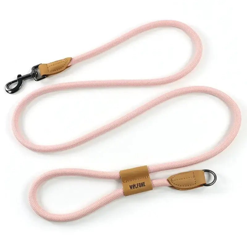 Laisse pour chien mains libres Wolfone 1,8 m avec corde rose, clip métal, accents en cuir