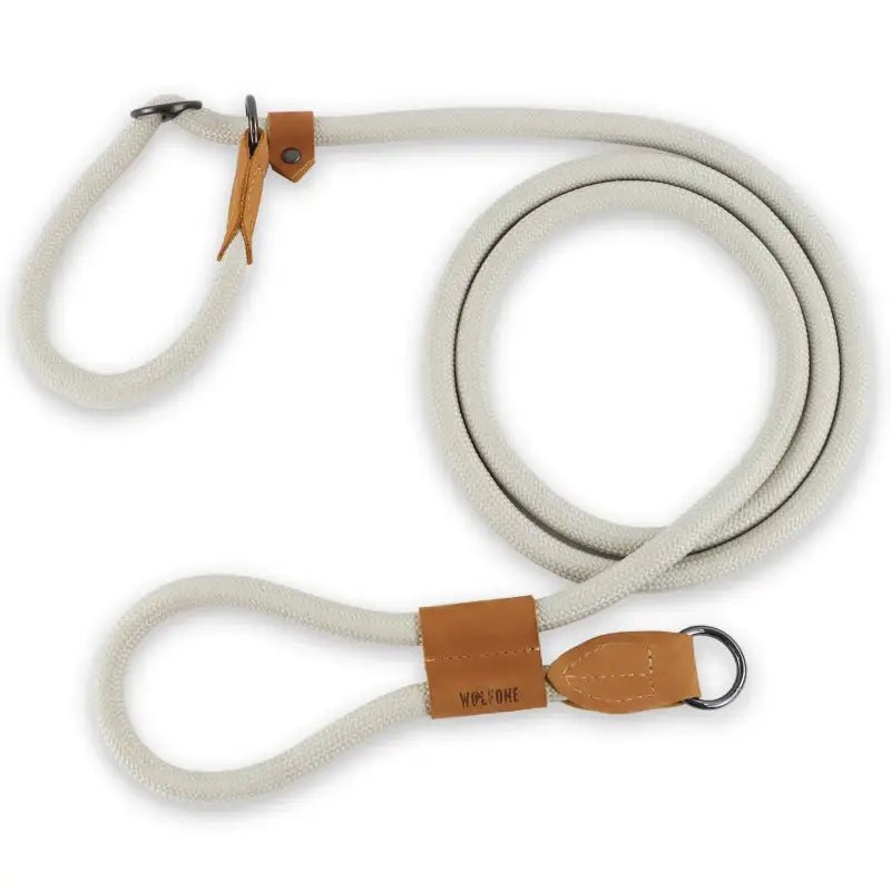 Laisse pour chien Wolfone mains libres en corde beige avec accents en cuir marron