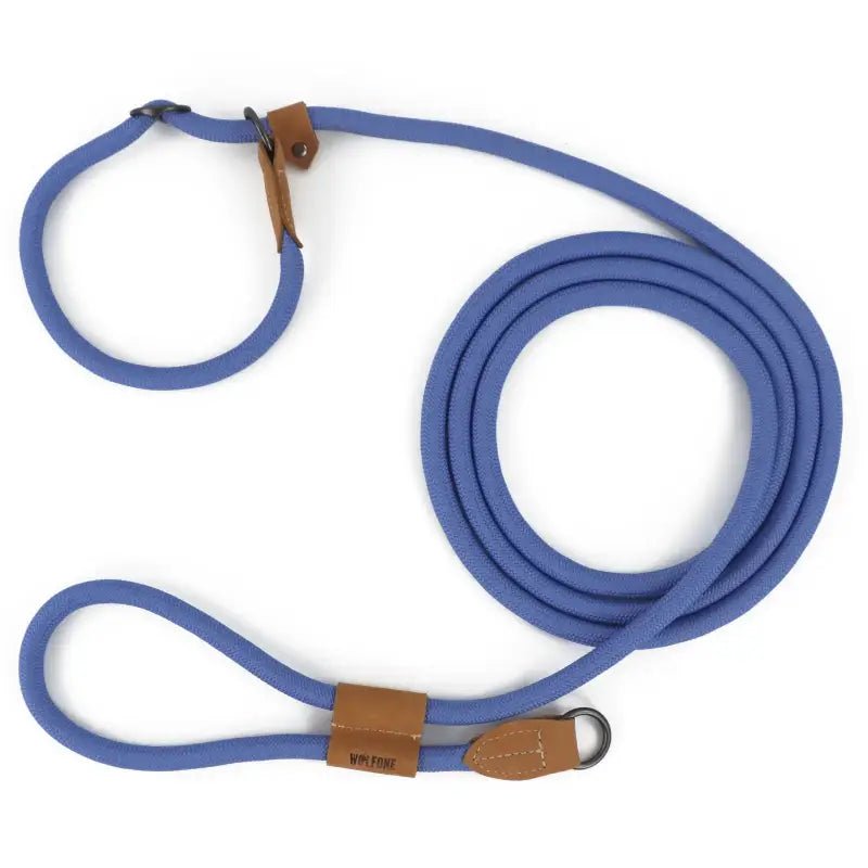 Laisse pour chien Wolfone mains libres en bleu pervenche avec accents en cuir marron