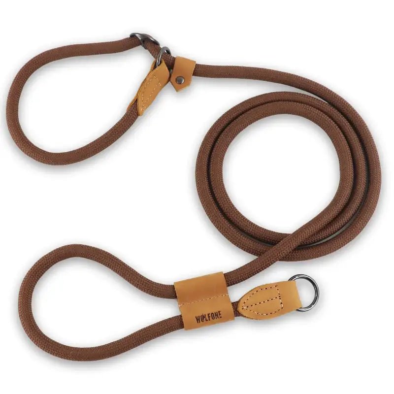 Laisse pour chien Wolfone mains libres avec corde marron et accents en cuir