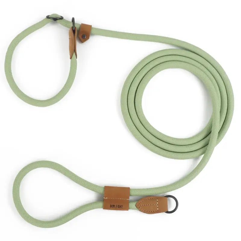 Laisse pour chien Wolfone mains libres en corde vert clair avec accents en cuir marron