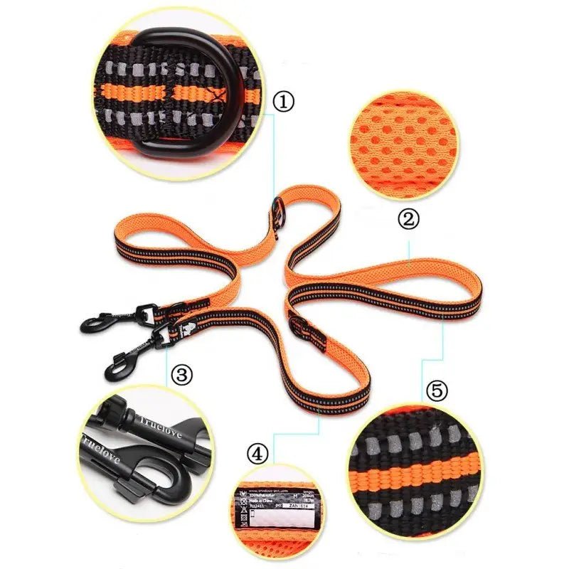 Laisse multifonction Truelove avec double mousqueton, 7 en 1 pour chien actif noir et orange