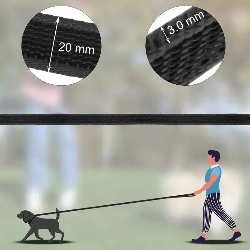 Image d’une longe de rappel pour chien noire avec dimensions, idéale pour éducation