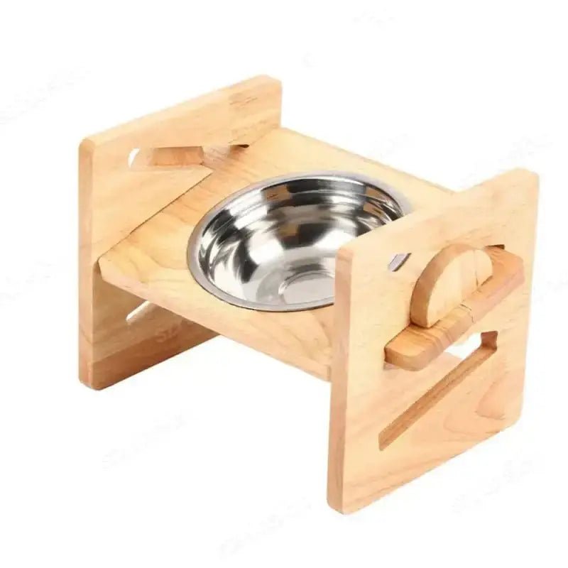 Photo d’une mangeoire en bois pour chien design avec support et bol en acier inoxydable