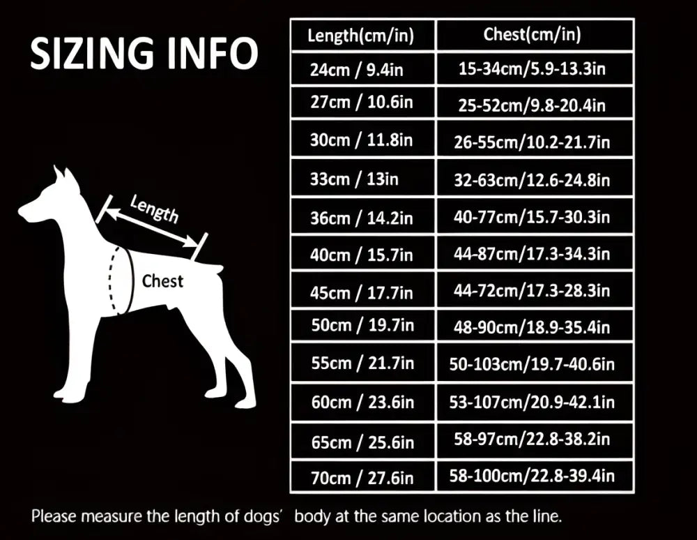 Schéma de taille pour chien avec mesures longueur et poitrine, manteau Truelove Spring