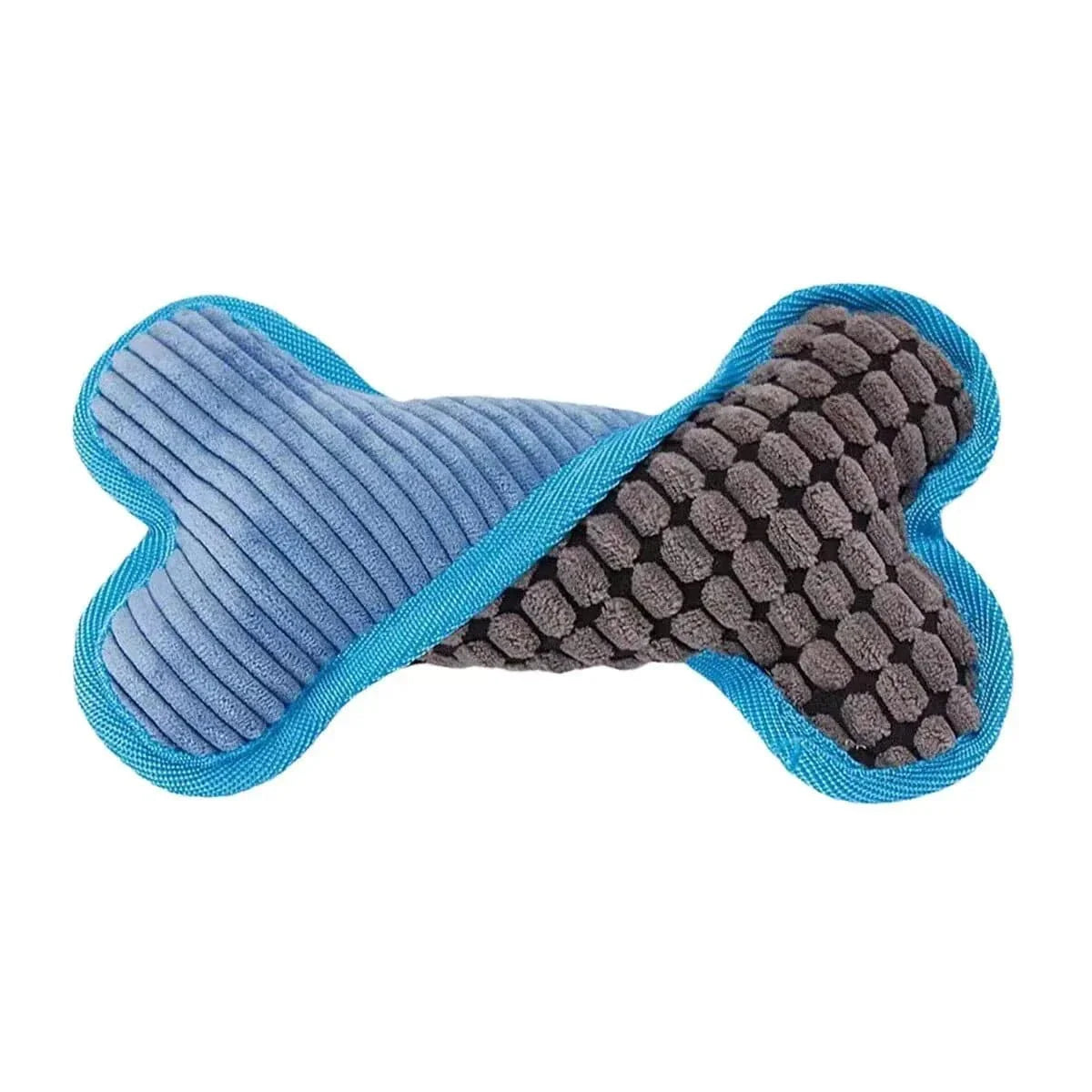 Os Couineur en Peluche with two-toned dog bone toy, blue trim for design sonore