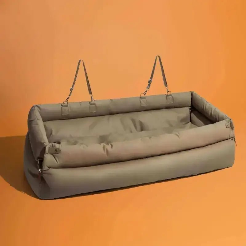 Panier auto pour chien avec sangles en khaki, siège arrière sécurisé et confortable