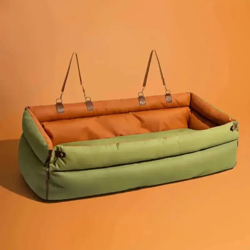 Panier auto pour chien avec sangles vert et orange pour siège arrière sécuritaire