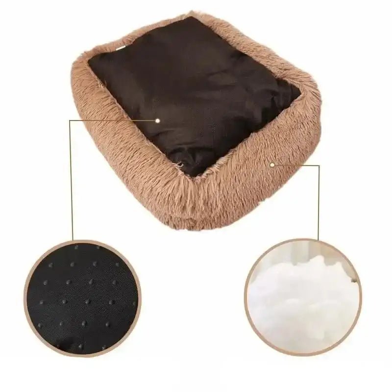 Panier rectangulaire pour petit chien en faux fur brun, coussin moelleux et rembourré pour chien adulte