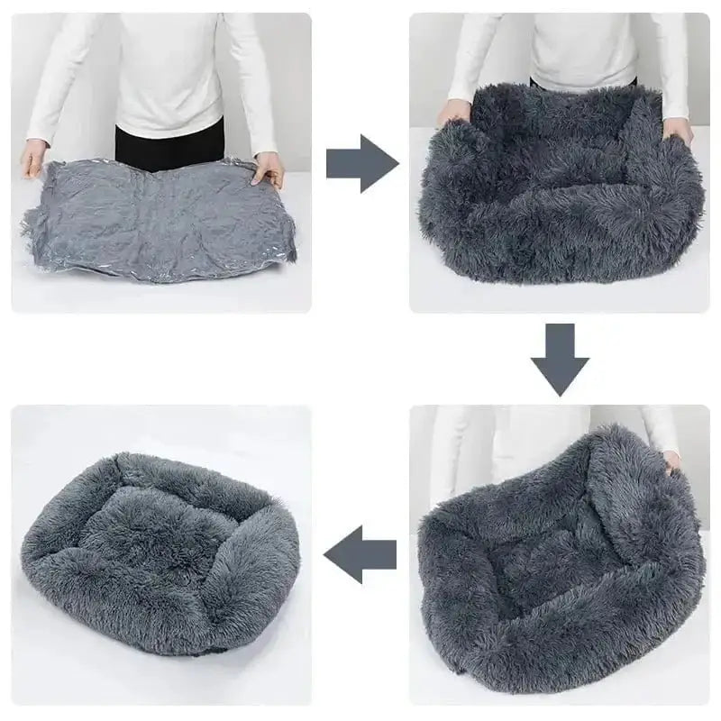 Transformation d un panier rectangulaire pour petit chien en coussin moelleux pour chien adulte