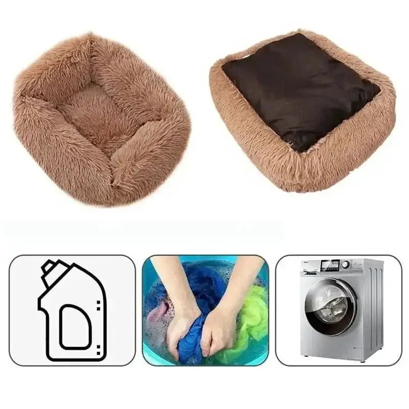 Image d'un panier rectangulaire pour chien antistress et ultra doux, coussin moelleux avec instructions de nettoyage