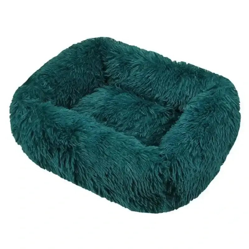 Panier rectangulaire pour petit chien en tissu bleu turquoise avec coussin moelleux pour chien