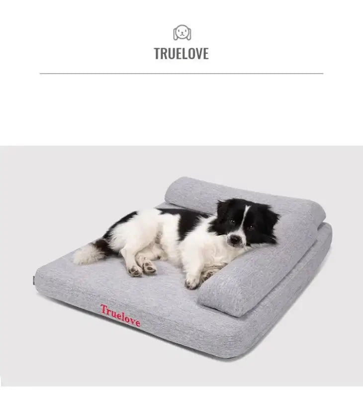 Chien Truelove noir et blanc sur panier en lin déhoussable avec mousse mémoire pour confort optimal