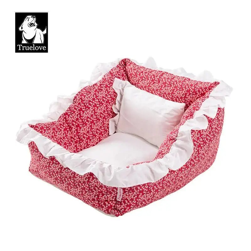 Panier pour chien Truelove en coton lavable avec motif floral rouge et blanc, base antidérapante