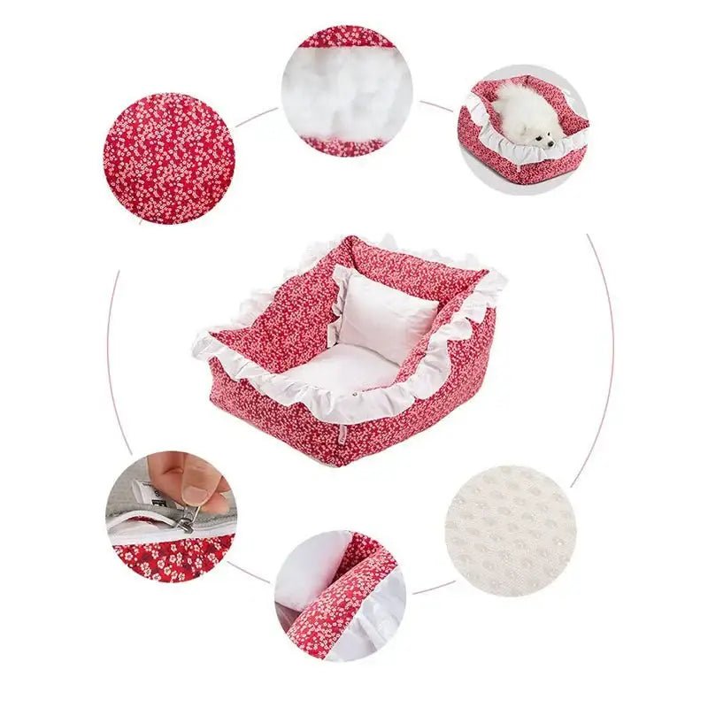Panier pour chien Truelove en coton lavable avec base antidérapante et design floral rouge