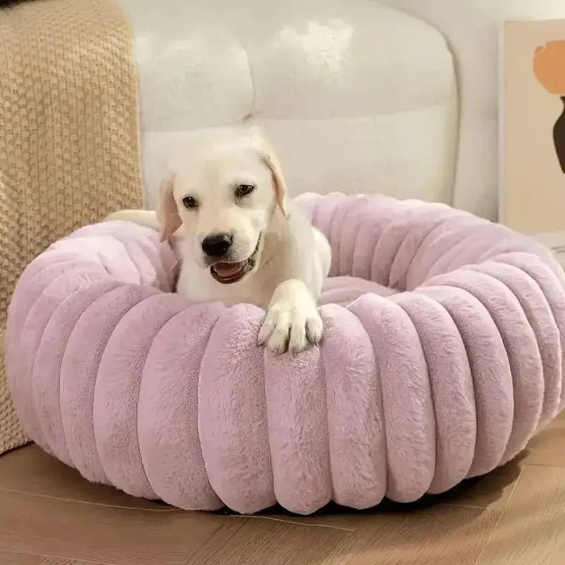 Lit donut pour chien rose avec chien blanc, panier apaisant pour petit chien