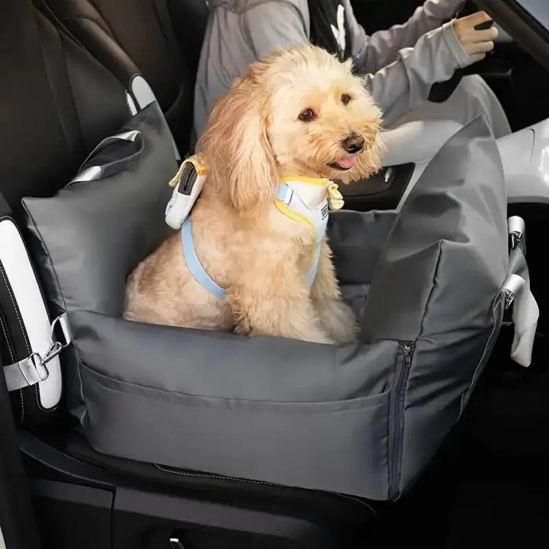 Panier de transport design pour chien, rembourré, pour voiture avec chien tan et gris