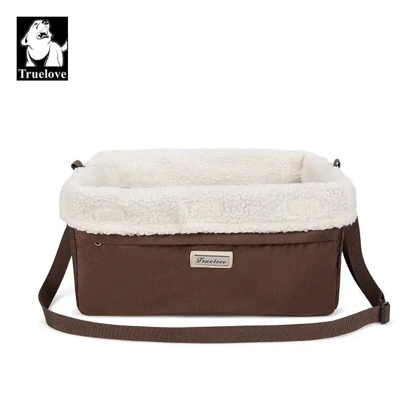 Panier de transport pour chien Truelove Secure avec siège en cuir marron et intérieur blanc fluffy