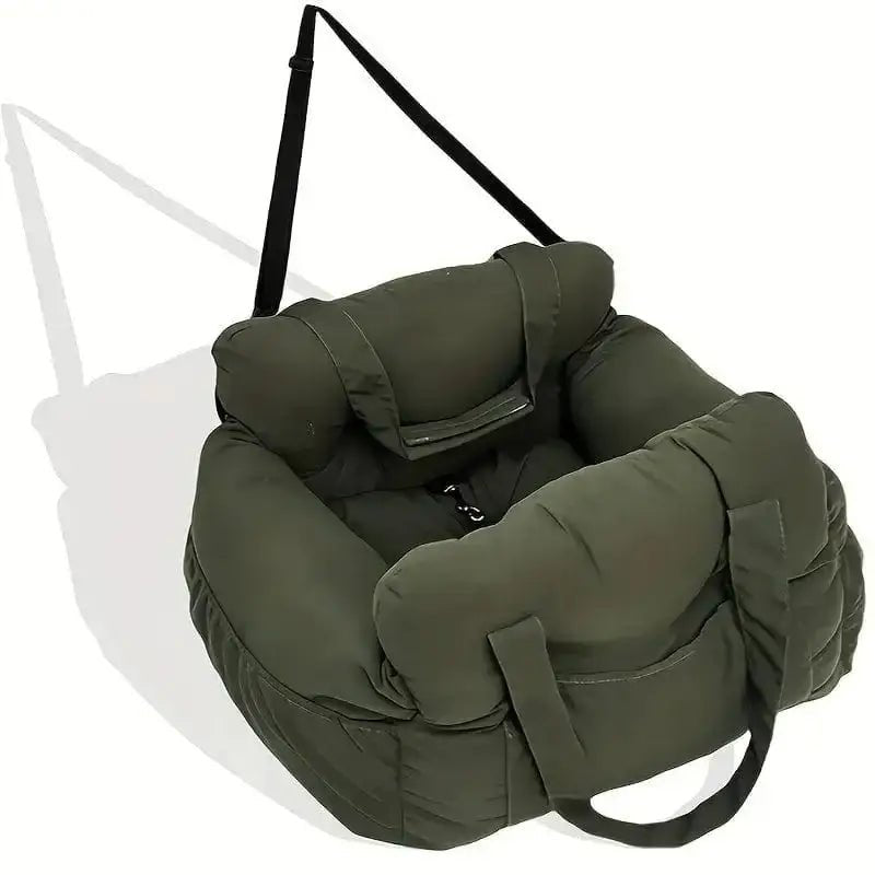 Panier de voiture pour chien rembourré en olive green avec fixation rapide et bords surélevés
