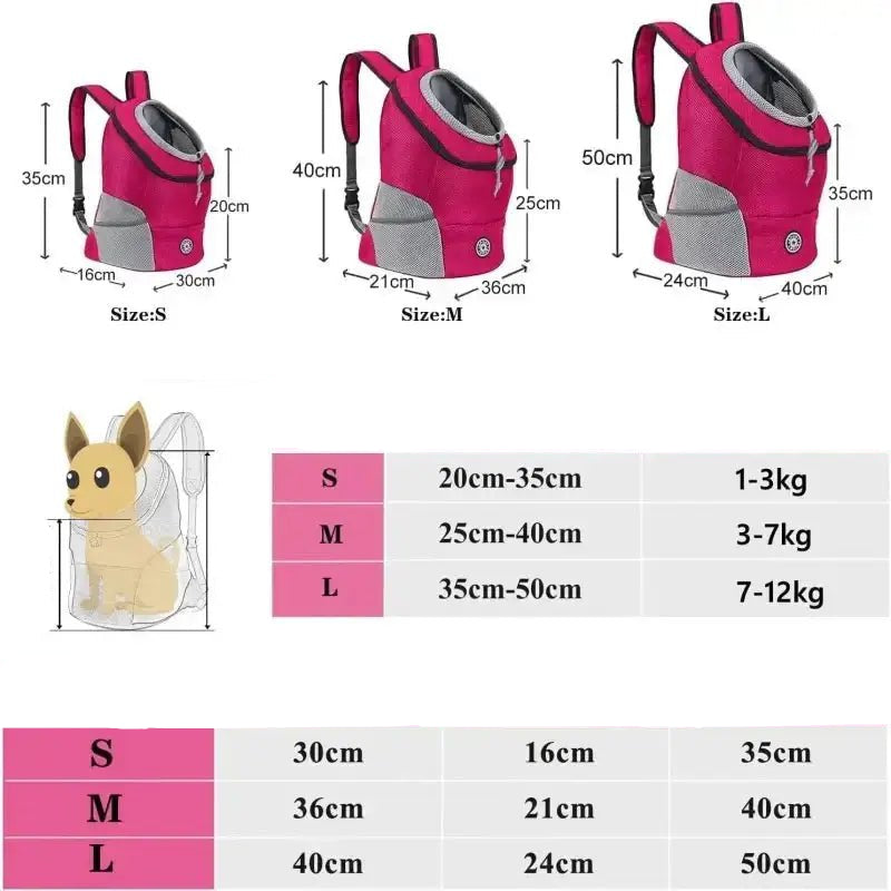 Guide des tailles sac à dos pour chien avec hublot avant pour transport facilité
