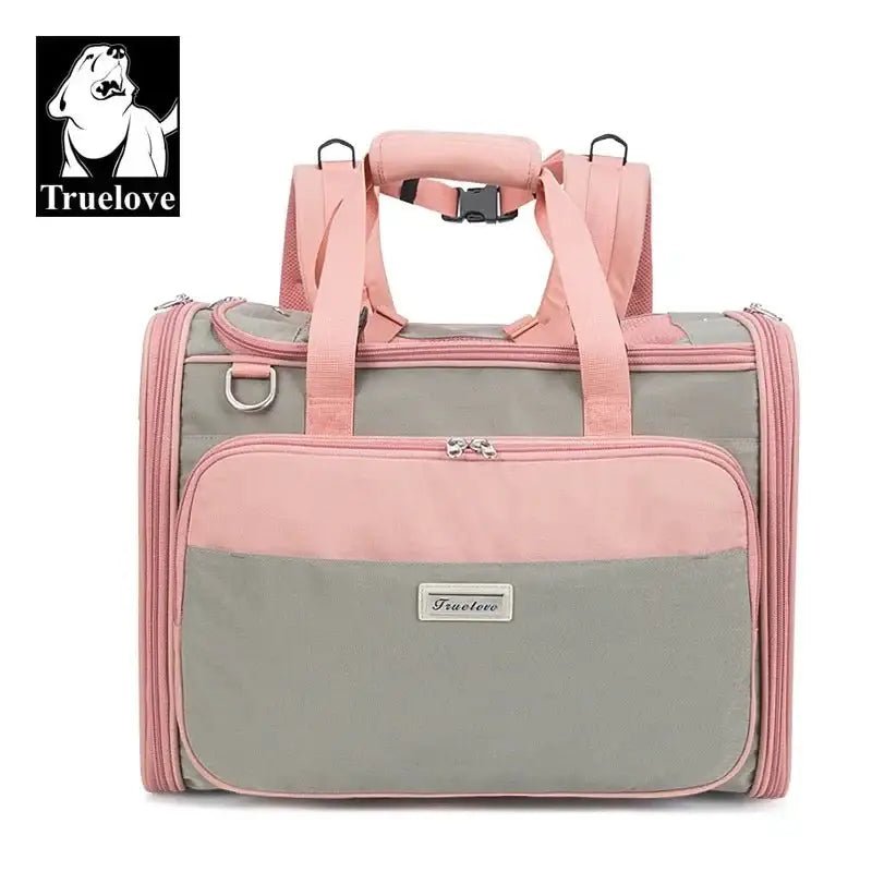 Sac à dos pour chien Truelove Premium en tissu Oxford 420D, rose et gris avec poignées et bandoulière