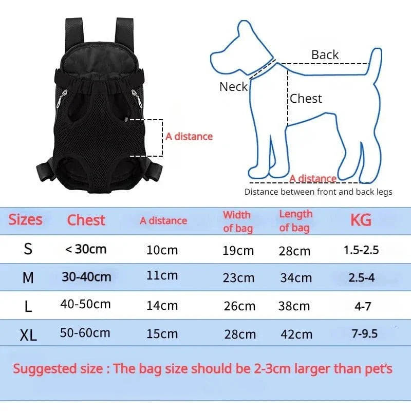 Tableau des tailles pour sac à dos aéré pour petits chiens facile à entretenir