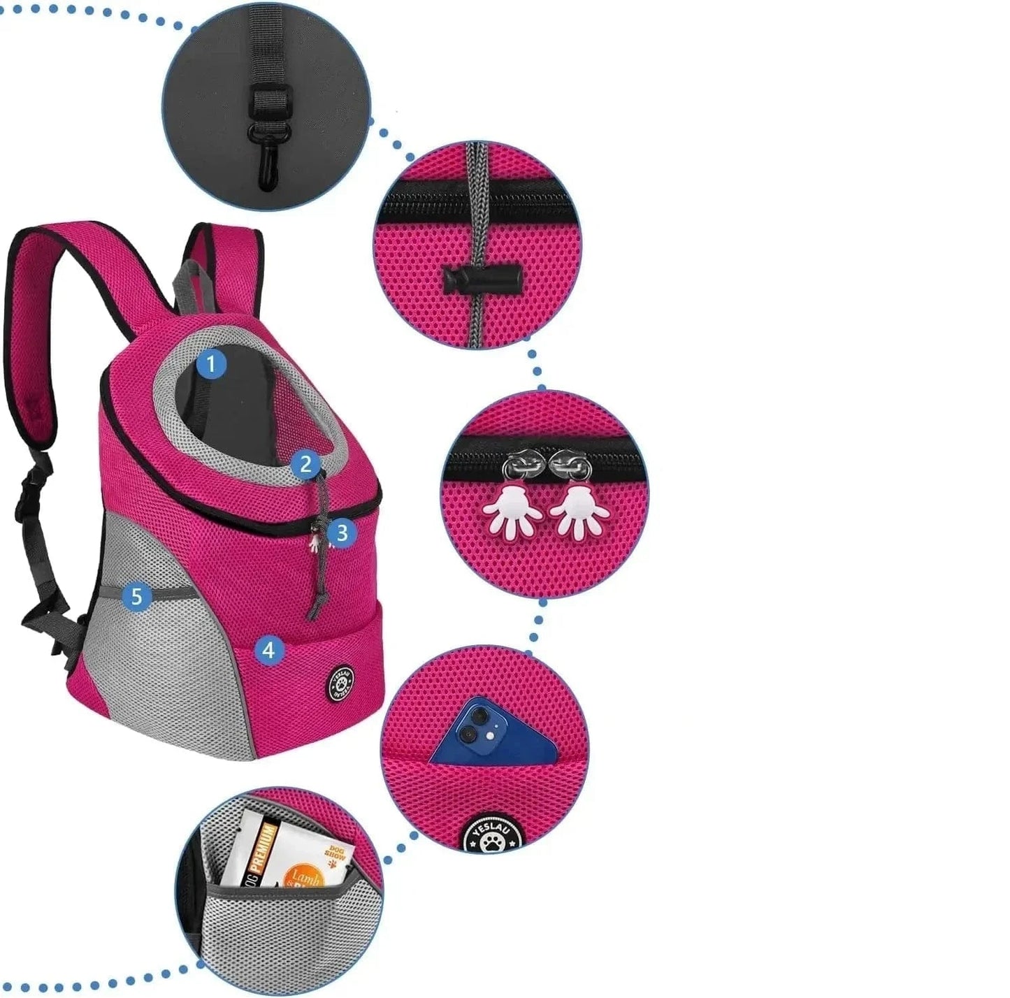 Pink sac à dos respirant pour moyens chiens, porté à l’avant, équipé d’un verrou