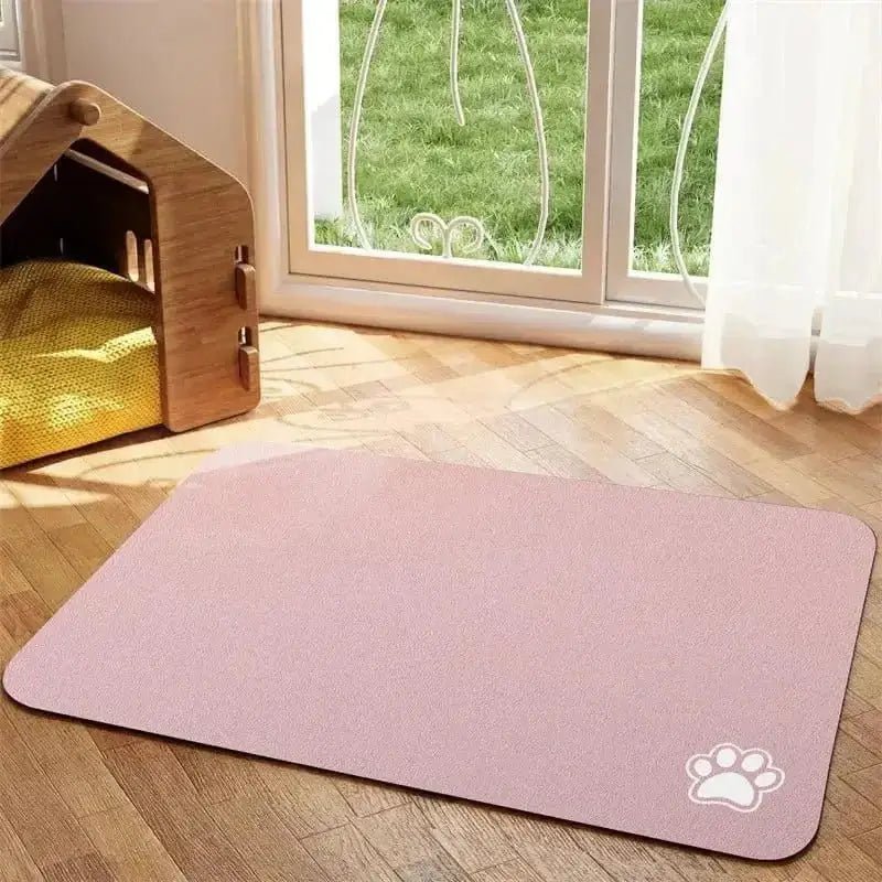 Tapis de protection sous gamelle pour chien rose avec empreintes paws, antidérapant et facile à nettoyer