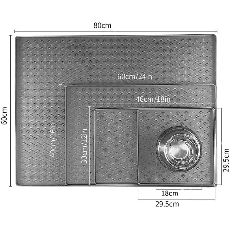 Tapis silicone pour gamelle chien étanche avec rebords, dimensions illustrées
