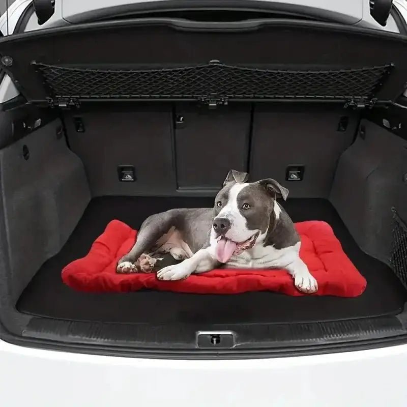 Tapis pliable pour chien confortable en voyage, gris et blanc sur lit rouge